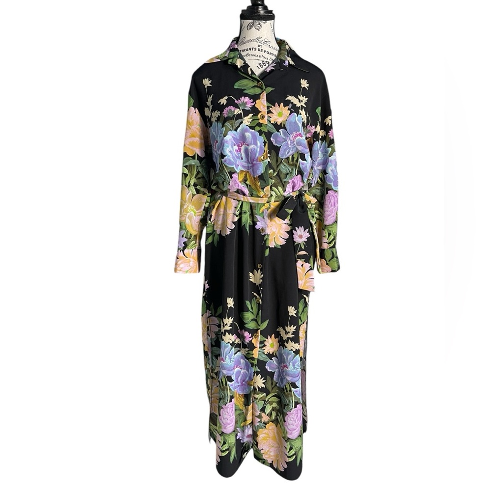 Zara XS Black Floral Maxi Shirt Dress Tie Waist Button Front Long Sleeve Boho